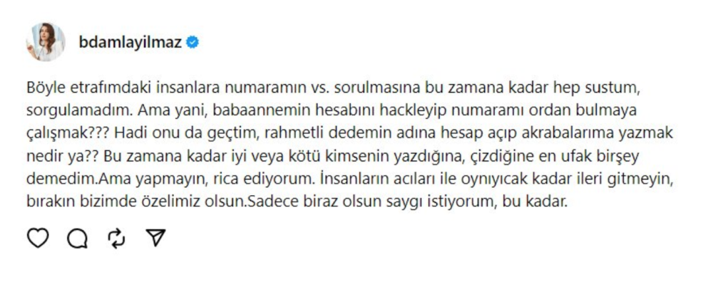 biran damla yilmaz dan hayranlarina isyan saygi istiyorum bu kadar